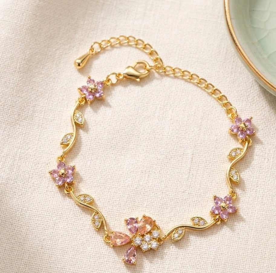 Floral Vine Pink Crystal Bracelet | Anti-Tarnish Gold Plated