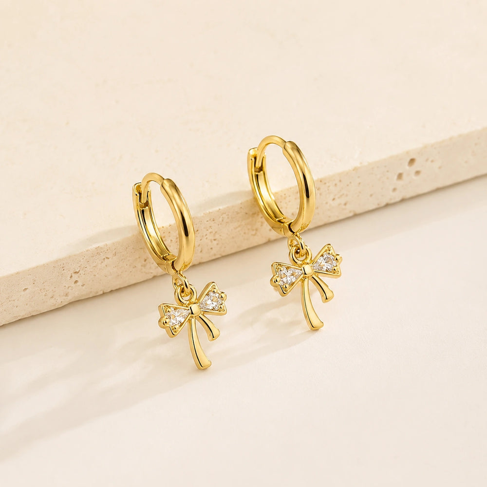 Coquette Crystal Bow Drop Hoop Earrings - Anti Tarnish Gold Plated