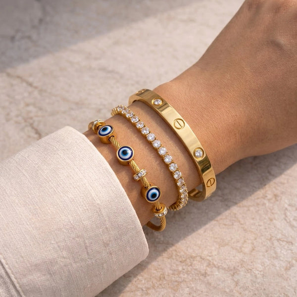 Aesthetic 3-Piece Bracelet Stack: Evil Eye, Tennis & Minimalist Bangle (Anti-Tarnish)