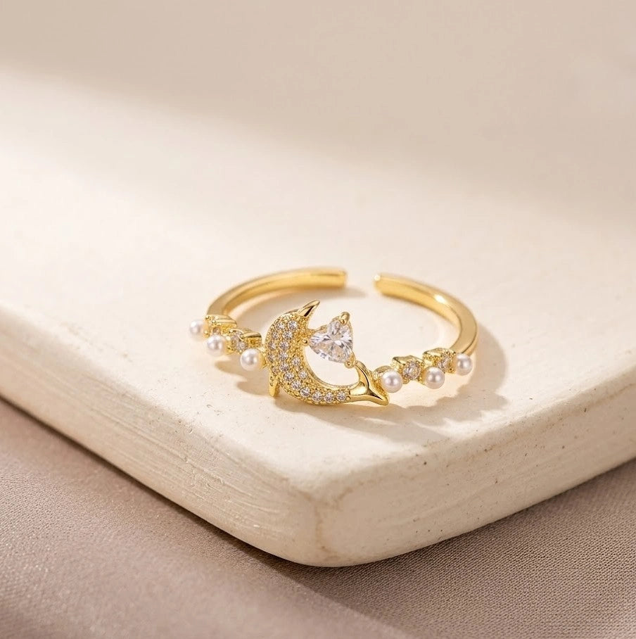 Celestial Moon & Heart Pearl Ring | High-Quality Korean Fashion Ring