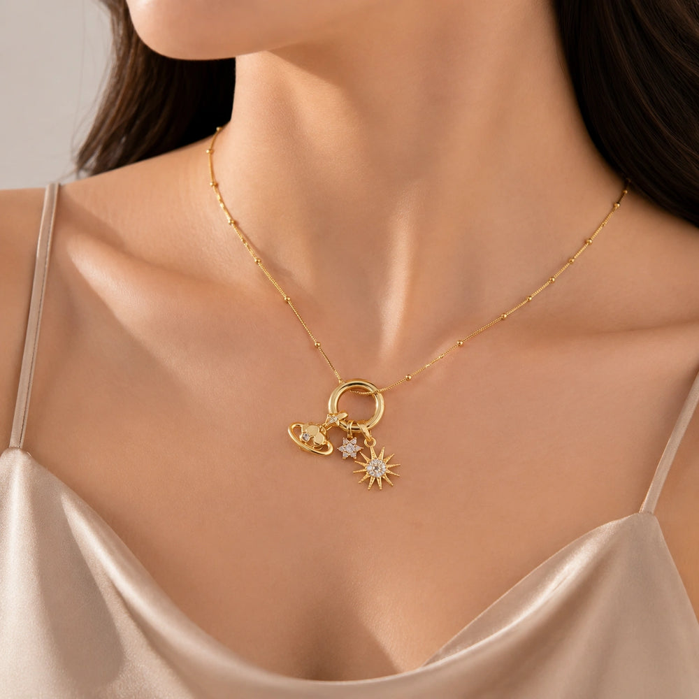 Celestial Planet & Star Anti-Tarnish Gold Plated Necklace