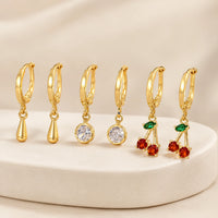 Cherry & Crystal Charm Hoop Earring Set - Anti Tarnish Gold Plated