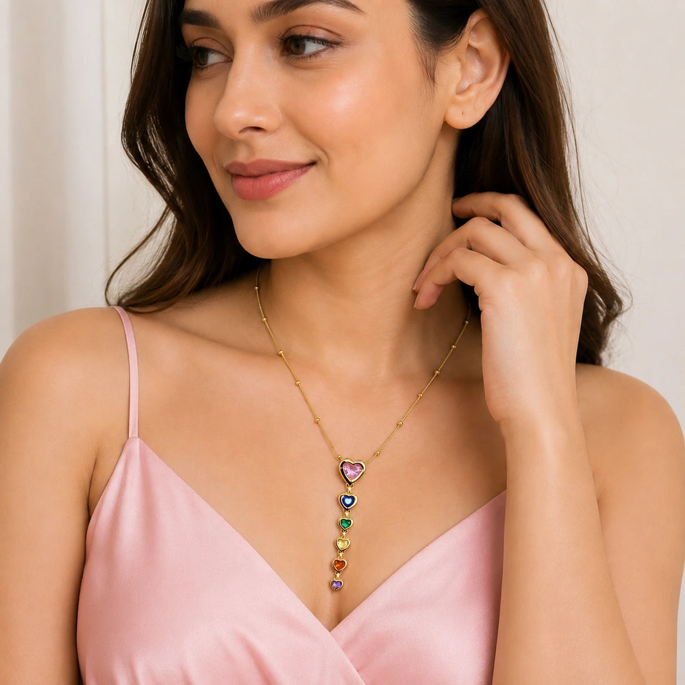 Multi-Color Heart Drop Necklace | Anti-Tarnish Gold Plated