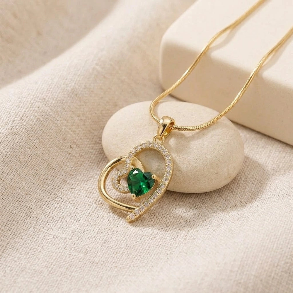 Green Emerald Heart Pendant Necklace - Anti-Tarnish Gold Plated