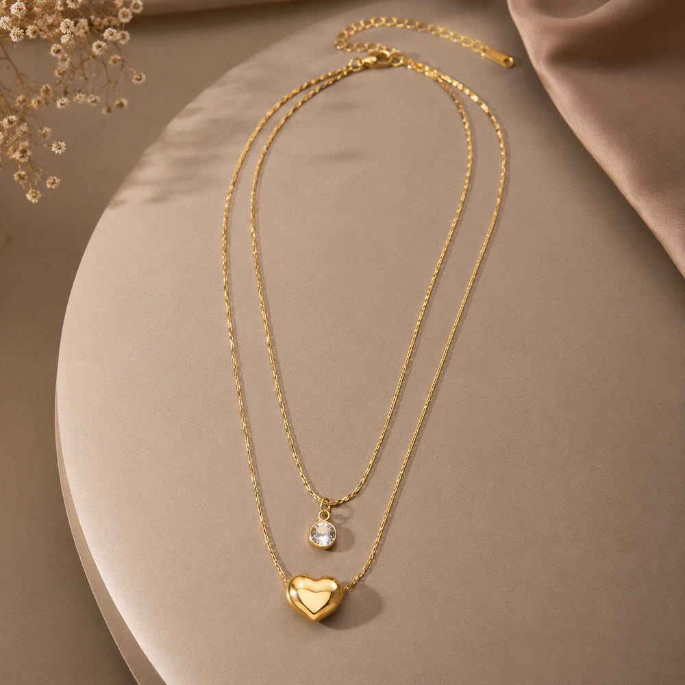 Layered Heart & Crystal Pendant Necklace - Anti Tarnish Gold Plated