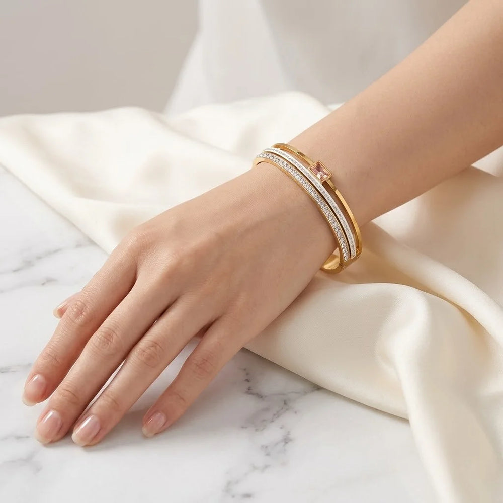 Pink Square Crystal Anti Tarnish Gold Plated Bracelet | Korean Layered Bangle