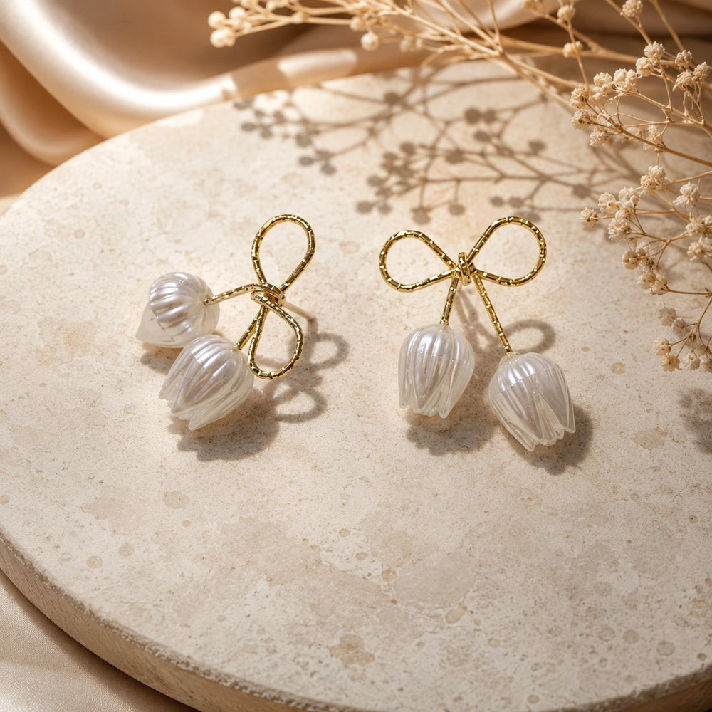 Coquette Bow & Pearl Tulip Drop Earrings - High Quality Korean Fashion Jewelry