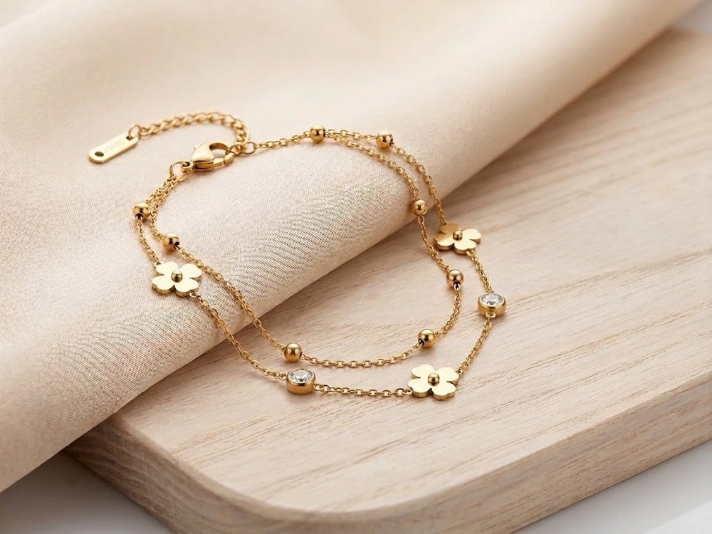 Double Layer Clover Charm Anti-Tarnish Gold Plated Bracelet