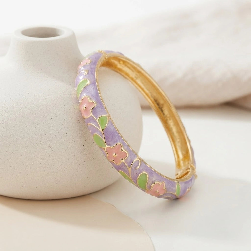 Floral Enamel Gold Plated Bangle - Purple Blossom