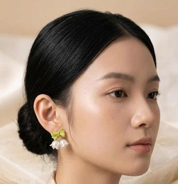 Coquette Green Bow & Lily of the Valley Floral Earrings