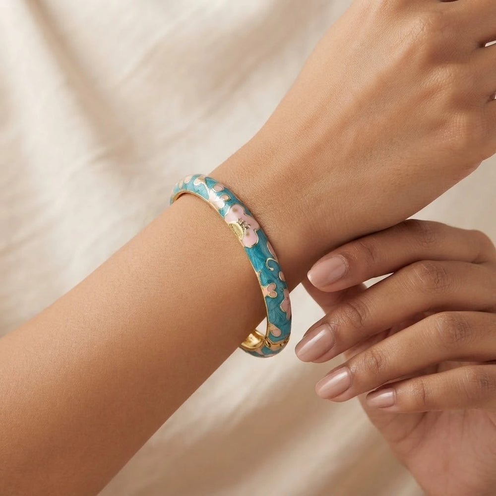 Floral Enamel Gold Plated Bangle - Blue & Pink Cherry Blossom Bracelet