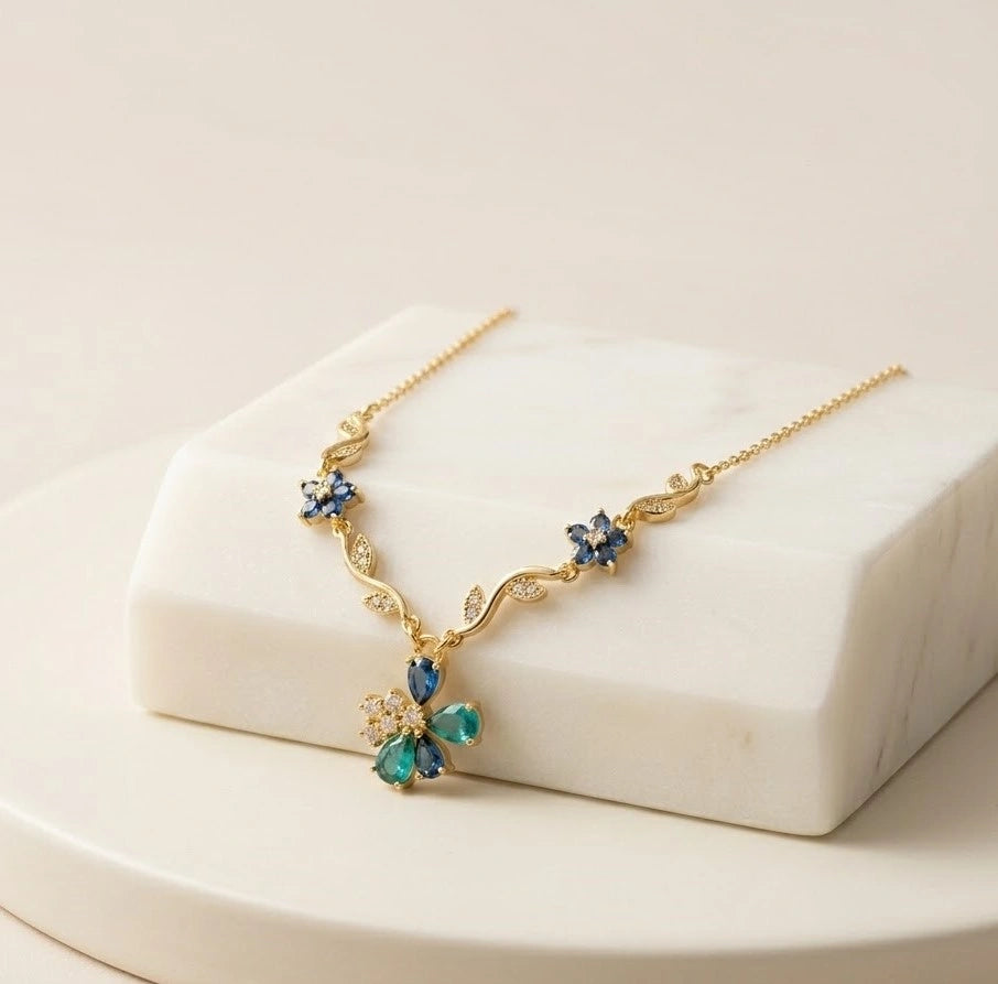 Blue Floral Butterfly Vine Necklace | Anti-Tarnish Gold Plated-Tulip