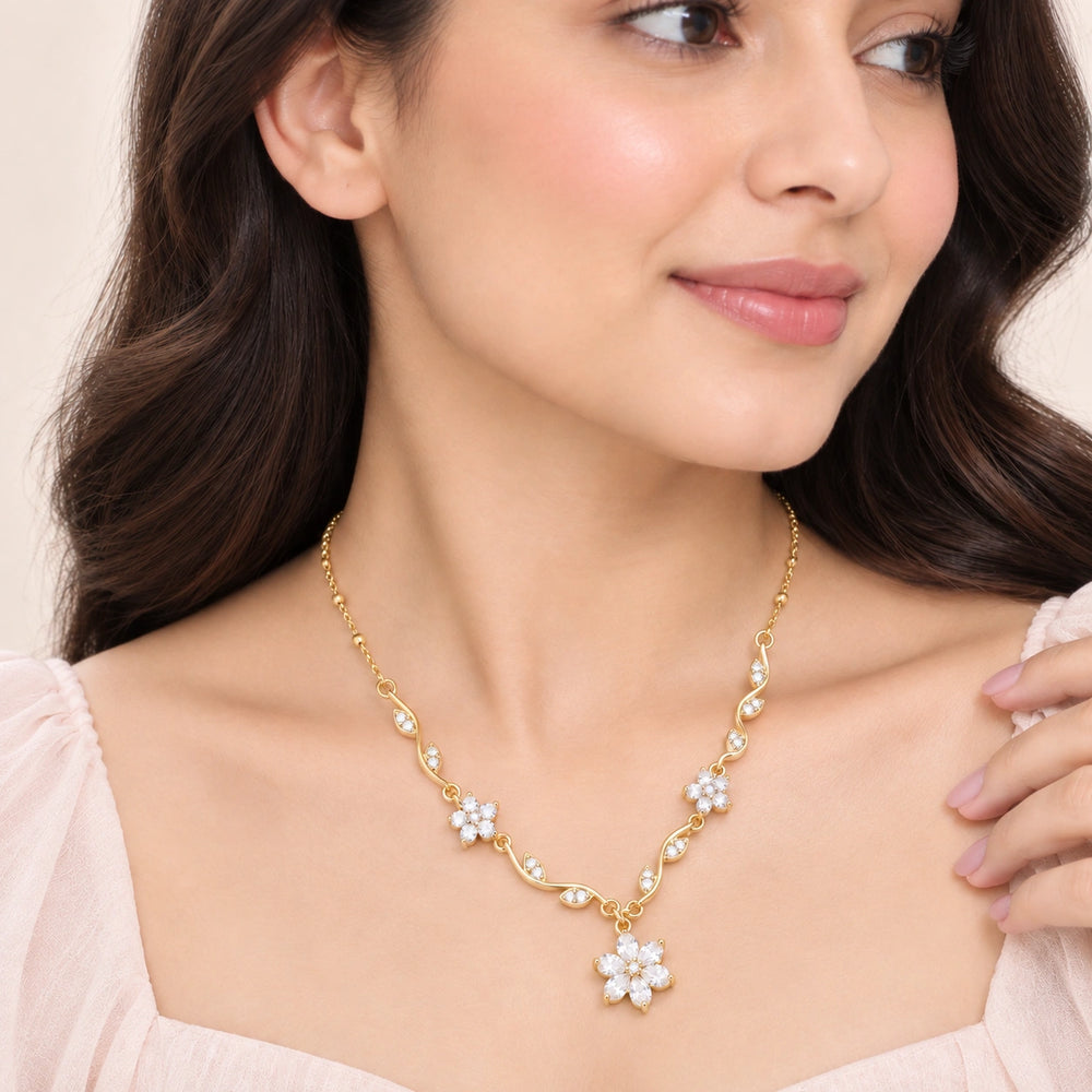 Floral Crystal Vine Necklace - Anti-Tarnish Gold Plated | Dainty Korean Minimalist Jewelry