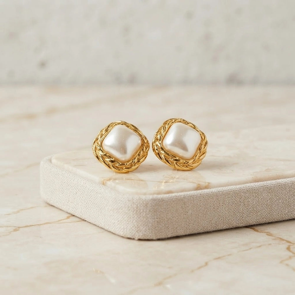 Square Pearl Stud Earrings - Anti-Tarnish Gold Plated |