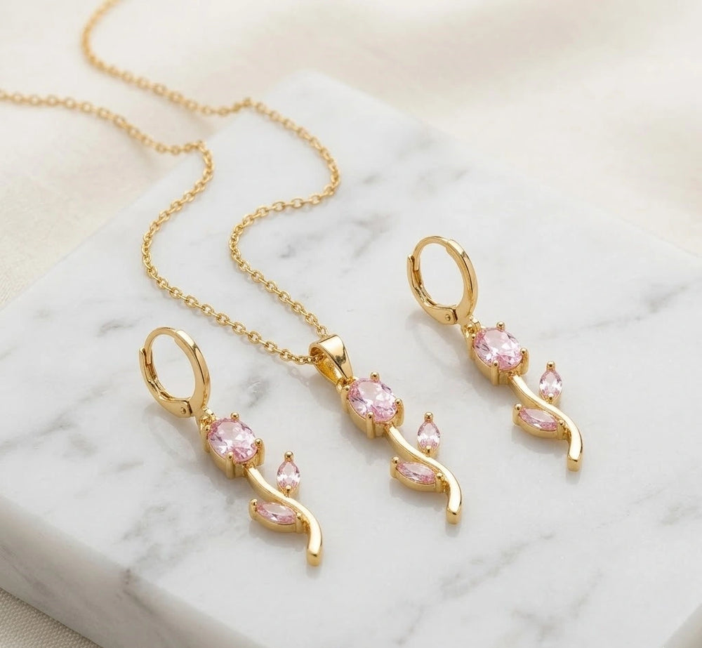 Pink Tulip Floral Necklace Set | Anti-Tarnish Gold Plated