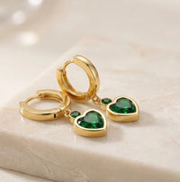Emerald Green Heart Drop Hoop Earrings - Anti Tarnish Fashion Jewelry