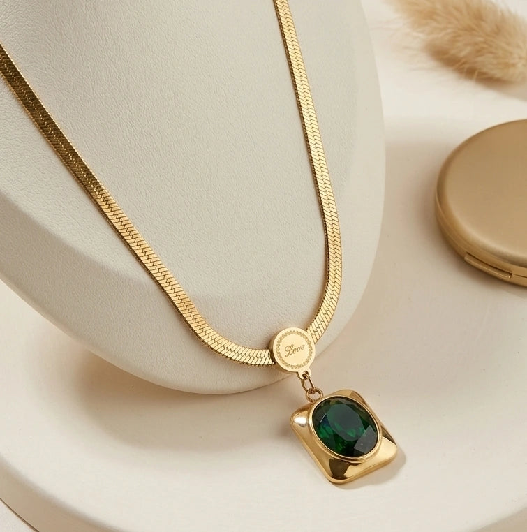 Emerald Green Stone Pendant Anti-Tarnish Gold Plated Necklace - Snake Chain