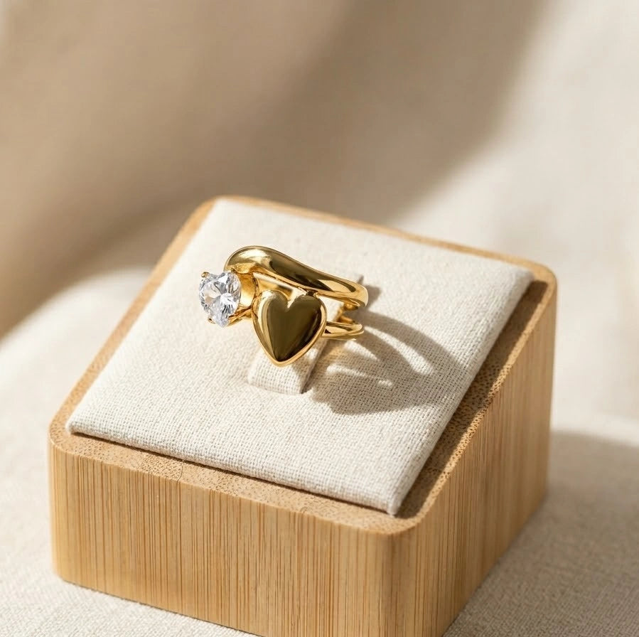 Dual Heart Gold Plated Anti-Tarnish Ring | CZ Sparkle & Smooth Finish
