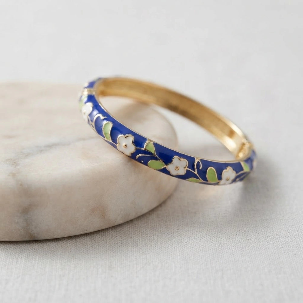 Floral Enamel Bangle Bracelet - Vintage Blue & Gold Design