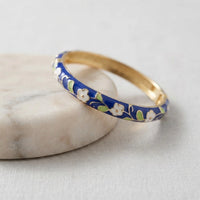 Floral Enamel Bangle Bracelet - Vintage Blue & Gold Design