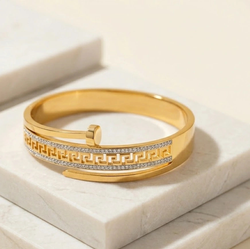 Greek Key Nail Wrap Cuff - Anti Tarnish Gold Plated Bracelet