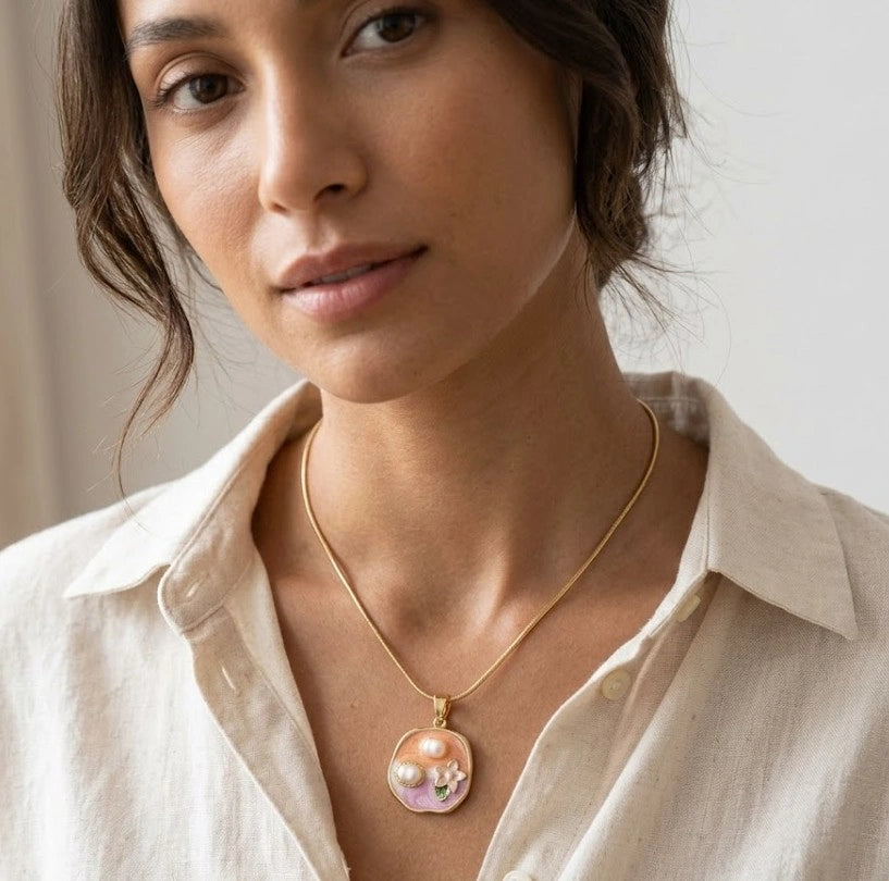 Floral Pearl Enamel Pendant Necklace - Anti-Tarnish Gold Plated