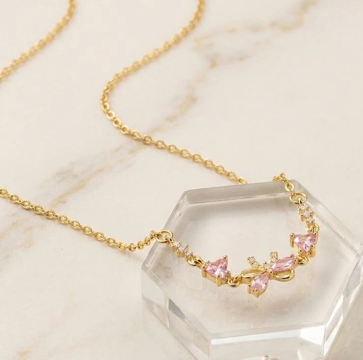 Anti-Tarnish Pink Bow Dainty Necklace - Gold Plated Korean Style