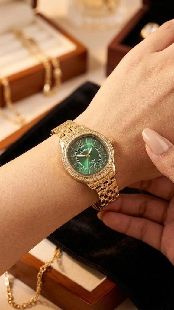 Emerald Luxe Gold-Plated Anti-Tarnish Watch – Elegant Green Dial Quartz Watch