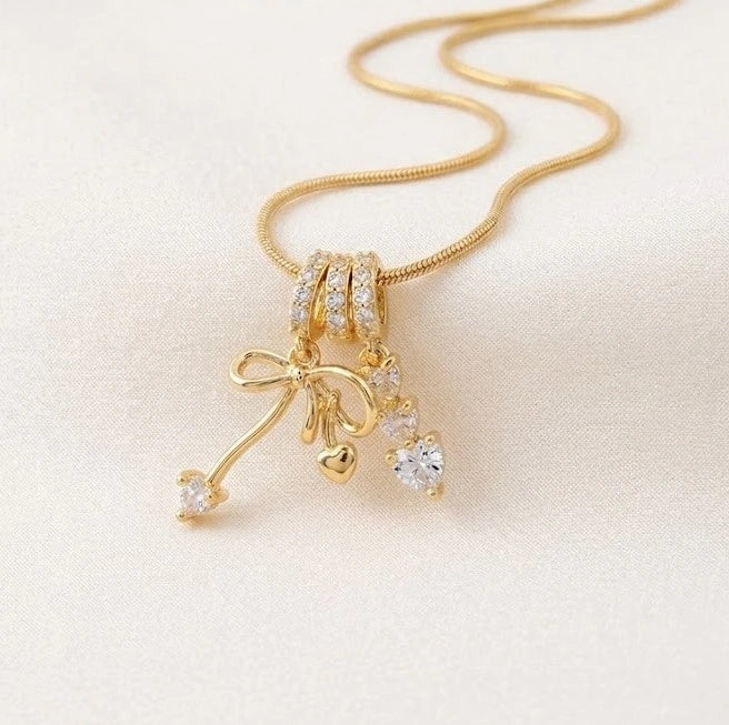 Korean Style Bow Heart Pendant Necklace - Anti-Tarnish Gold Plated