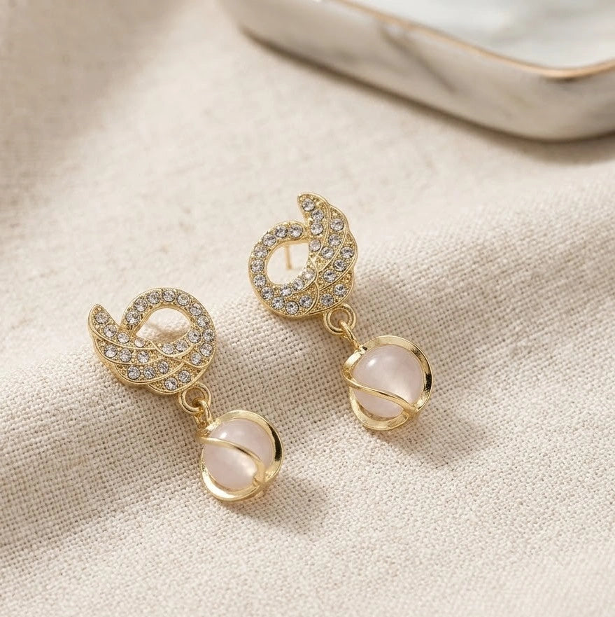Pearl Drop Dangle Earrings with Crystal Swirl | High-Quality Gold Plated