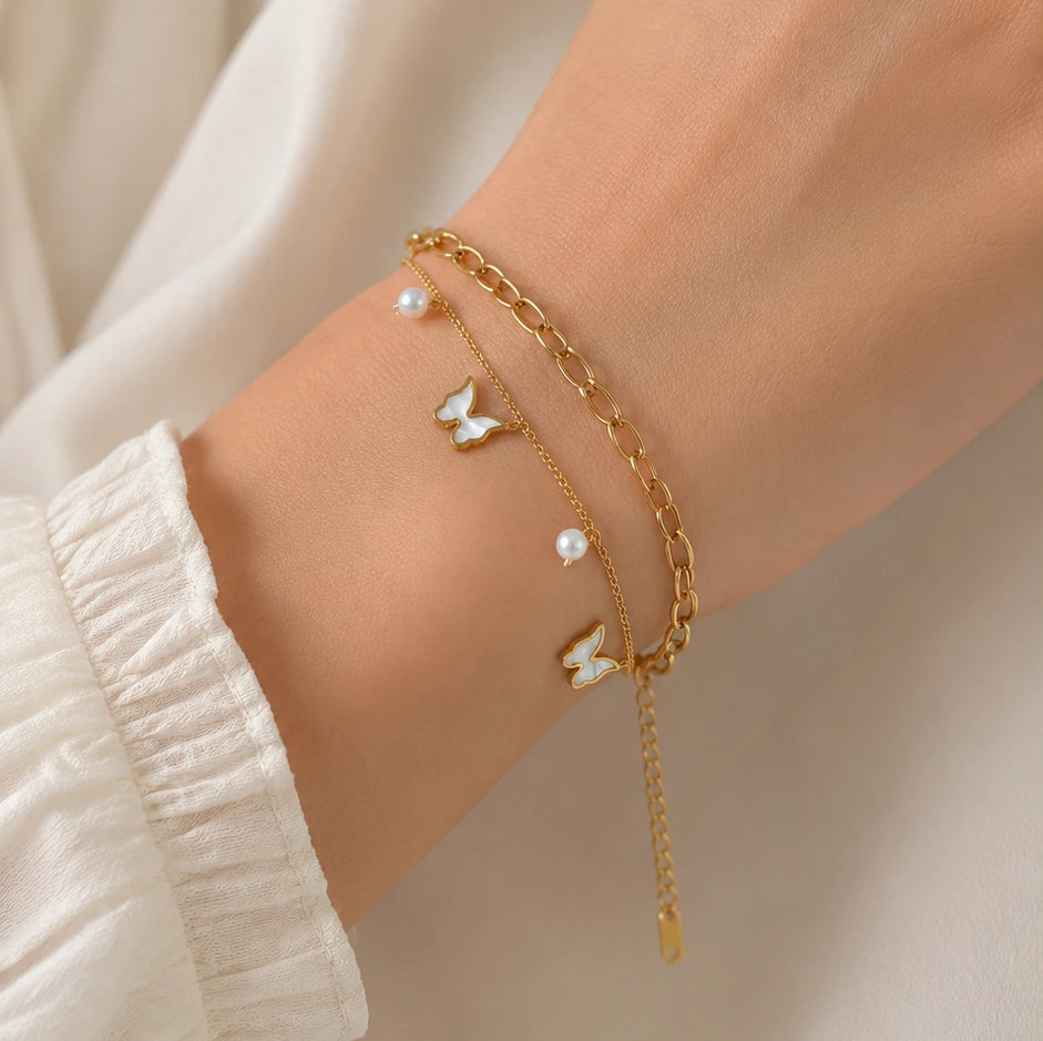 Butterfly & Pearl Layered Charm Bracelet | Anti-Tarnish Gold Plated