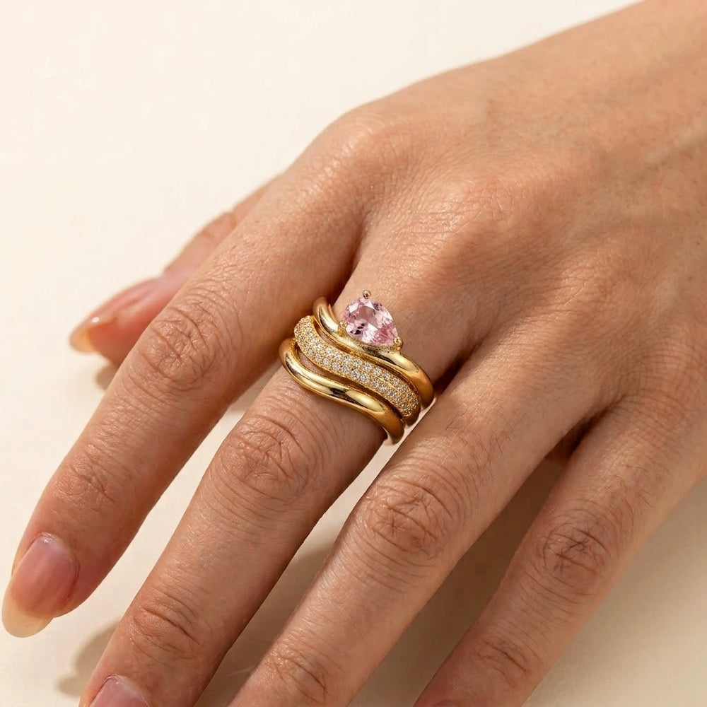 Teardrop Pink Stone Layered Ring | Anti-Tarnish Gold Plated