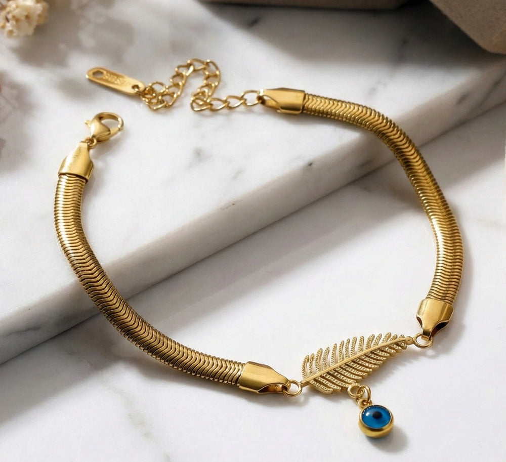 Evil Eye & Leaf Charm Snake Chain Bracelet | Anti-Tarnish Gold Plated