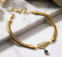 Evil Eye & Leaf Charm Snake Chain Bracelet | Anti-Tarnish Gold Plated