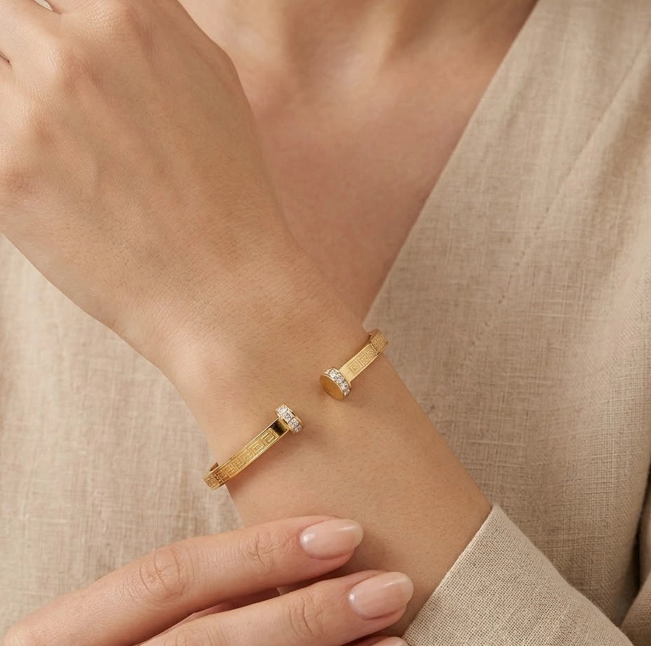 Greek Key Anti-Tarnish Gold Plated Open Cuff Bracelet with Sparkle Stones