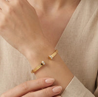 Greek Key Anti-Tarnish Gold Plated Open Cuff Bracelet with Sparkle Stones