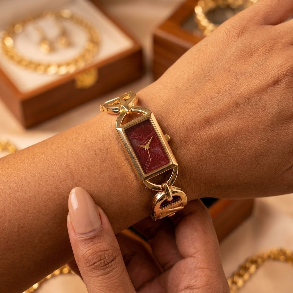 Vintage Maroon Dial Anti-Tarnish Gold Plated Watch | Moncheri Jewels