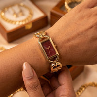 Vintage Maroon Dial Anti-Tarnish Gold Plated Watch | Moncheri Jewels