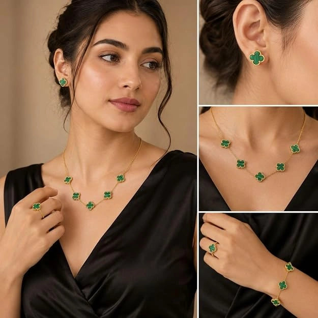 Emerald Green Clover Jewelry Set | Anti-Tarnish Gold-Plated