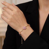 Pink Floral Cherry Blossom Anti-Tarnish Gold Plated Bracelet