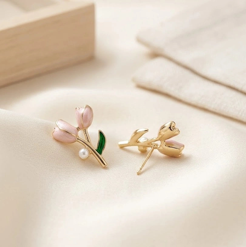 Tulip Flower Pink Enamel Earrings with Pearl Accents - High Quality Fashion Jewelry