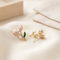 Tulip Flower Pink Enamel Earrings with Pearl Accents - High Quality Fashion Jewelry