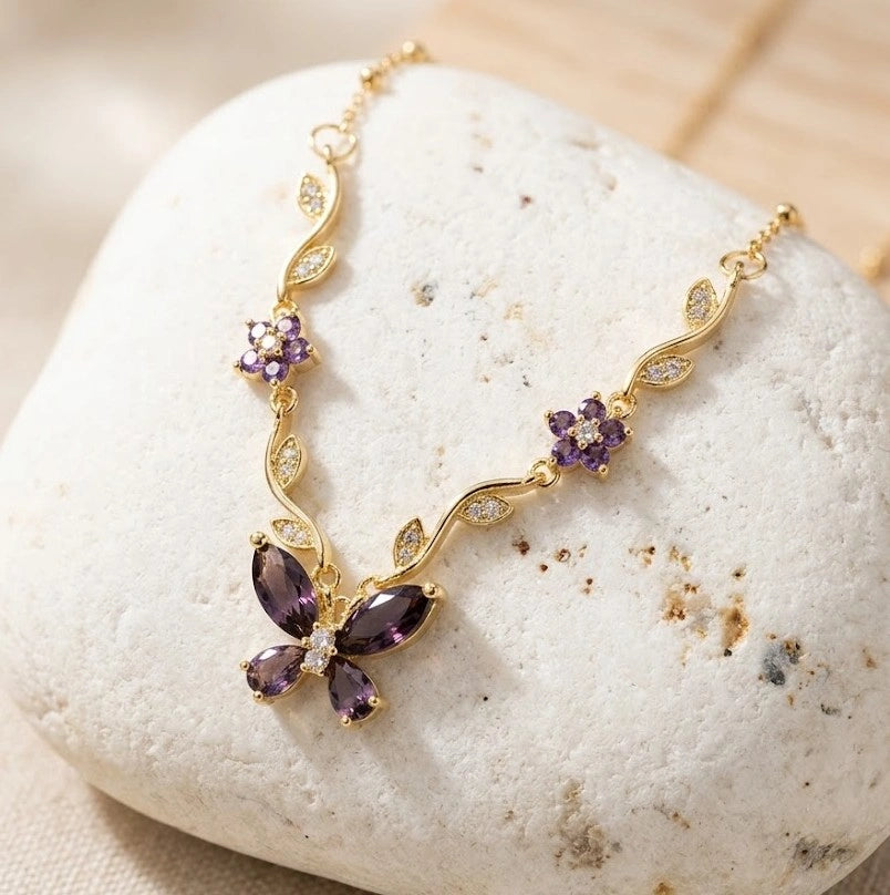 Purple Butterfly Pendant Necklace - Anti-Tarnish Gold-Plated Floral Jewelry