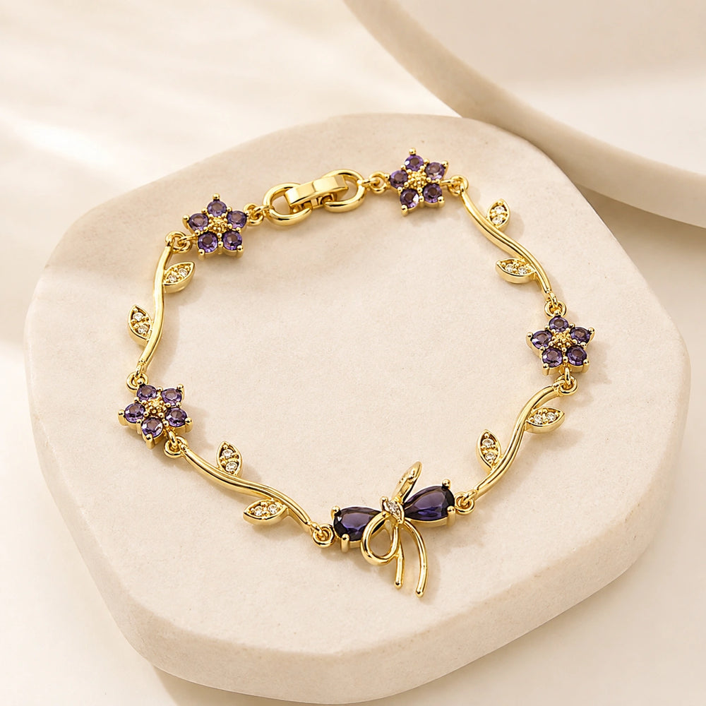Purple Floral Bow Anti Tarnish Gold Plated Bracelet