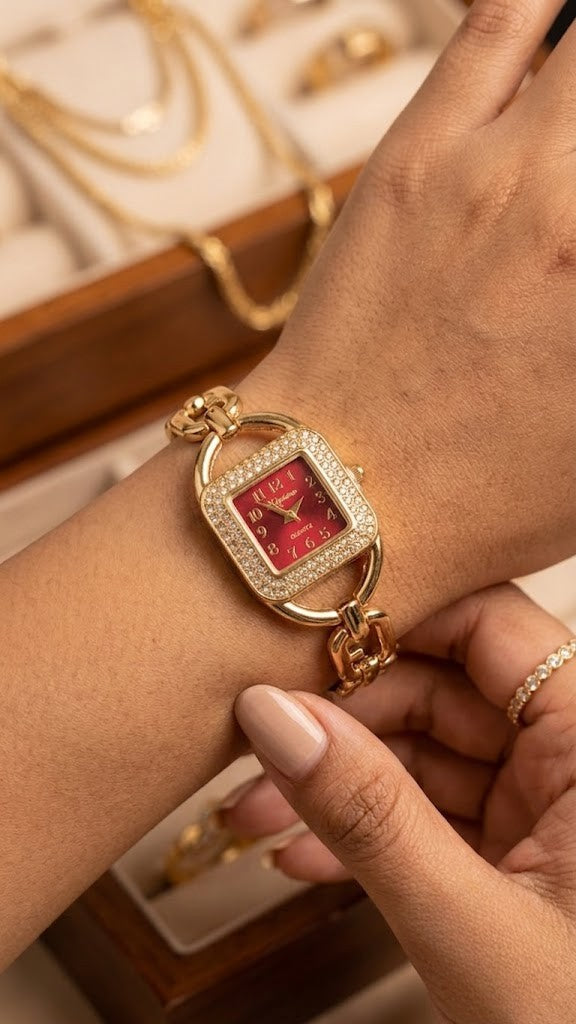 Vintage Red Dial Square Watch - Anti-Tarnish Gold Plated | Moncheri Jewels