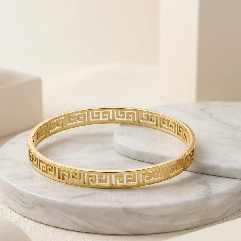 Greek Key Geometric Bangle - Anti-Tarnish Gold Plated Bracelet