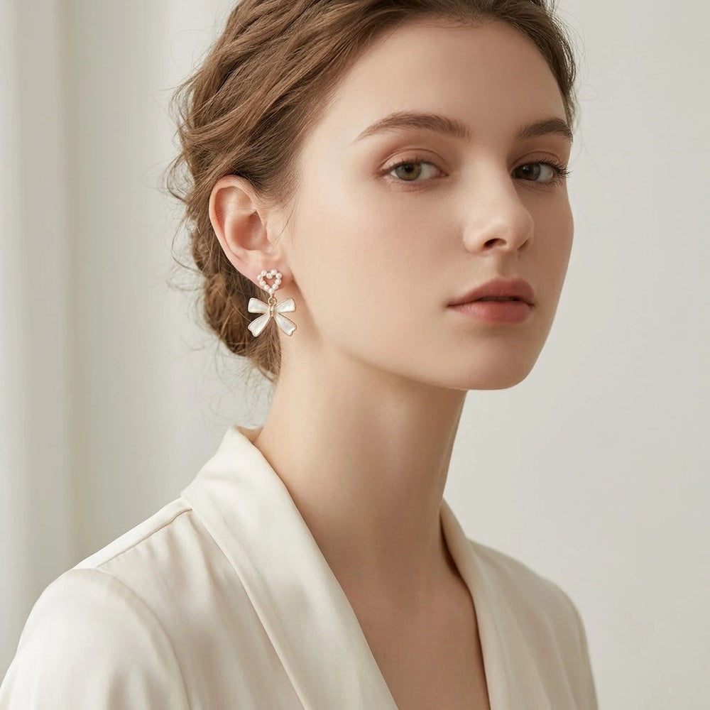 Pearl Heart Bow Drop Earrings | Coquette Korean Fashion Jewelry