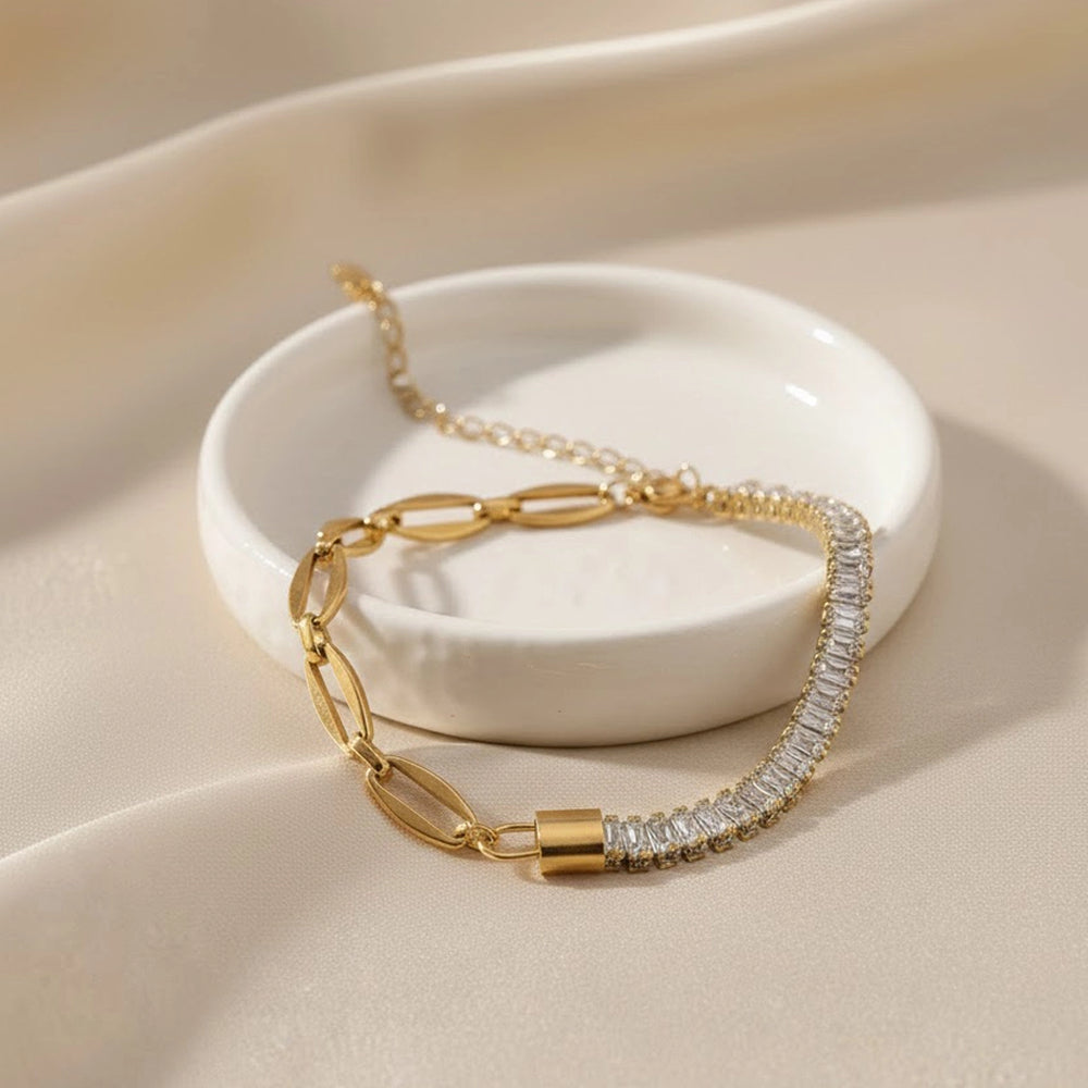Half Tennis Half Paperclip Chain Bracelet - Anti-Tarnish Gold Plated Crystal Wristwear