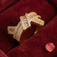 Designer Criss Cross Baguette Ring - Adjustable Gold Plated Fashion Jewelry