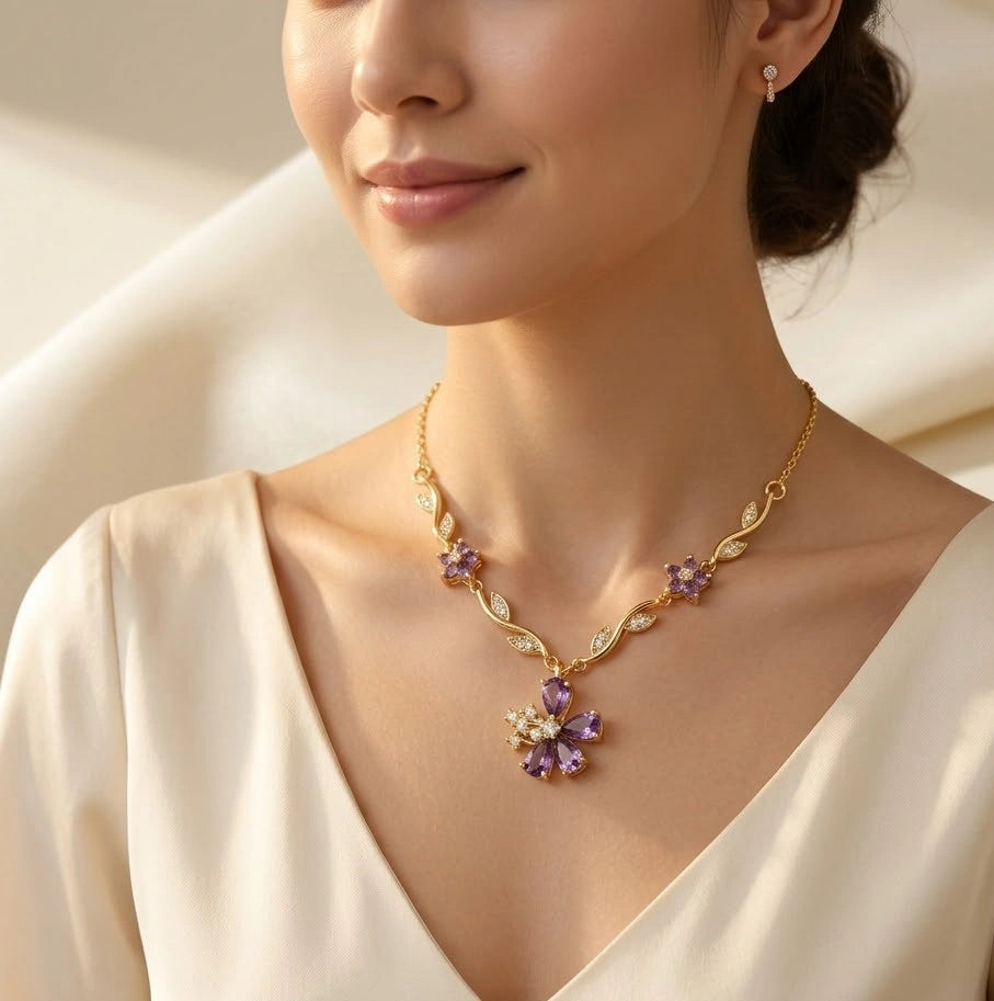 Elegant Amethyst Floral Vine Necklace | Anti-Tarnish Gold Plated Pendant-Tulip